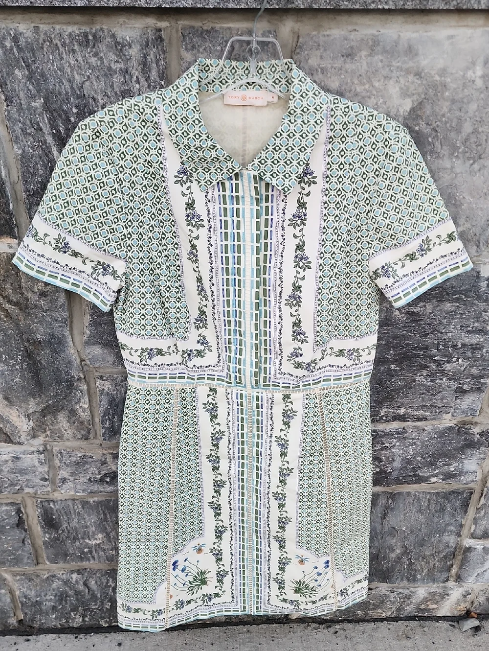 Tory Burch Garden Party Talia Botanical Green Printed Shirt Dress Runway Size 10
